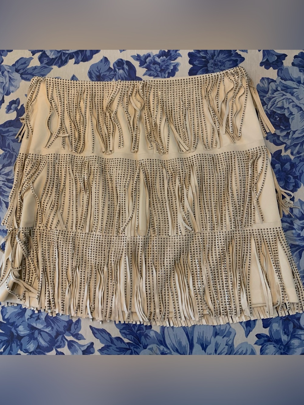 Stud-Embellished Fringe Mini Skirt — Cream